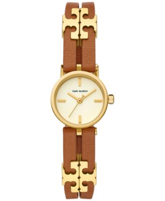 Tory Burch Women's Gold-Tone Logo Brown Leather Strap Watch 22mm