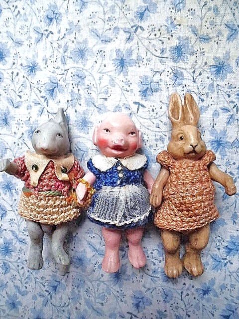 ビスクの動物 うさぎ 豚 ねずみ ヘルトヴィヒ アンティークドール