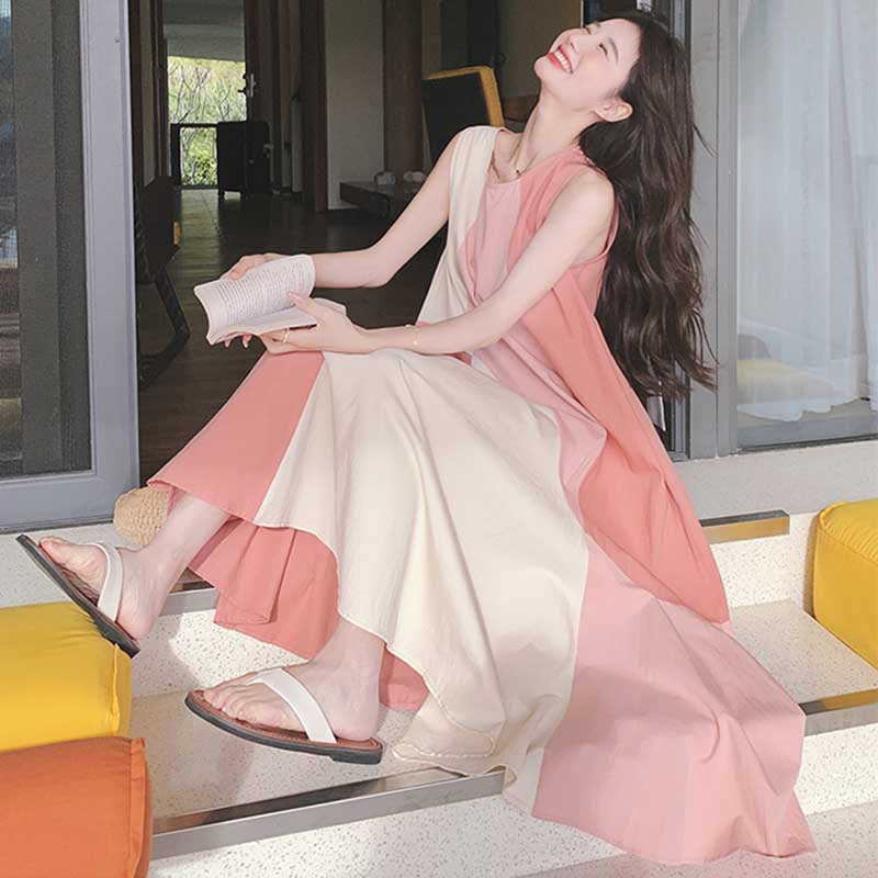 パッチワーク風ノースリーブワンピース（ピンク）春/夏 ゆったりシルエット