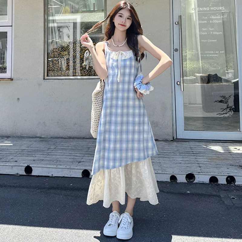 レイヤード風レトロチェックワンピース(2colors)（青・赤）春/夏