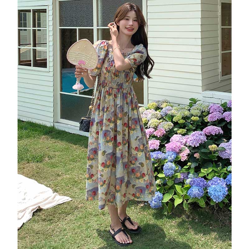 オフショルダー花柄ワンピース（青）春/夏 オフショルでヘルシーな肌見せ