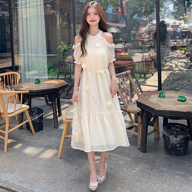 オープンショルダーシフォンワンピース（黄）春/夏 フリルやコサージュ