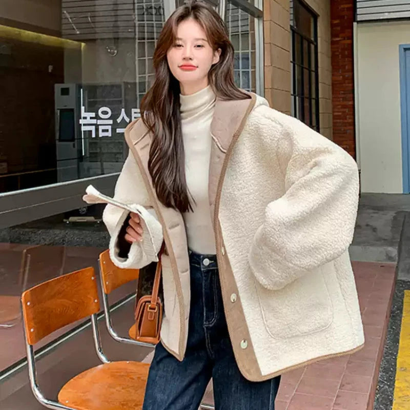 フード付きラムウールボアコート（ベージュ）秋/冬 ふんわり暖か