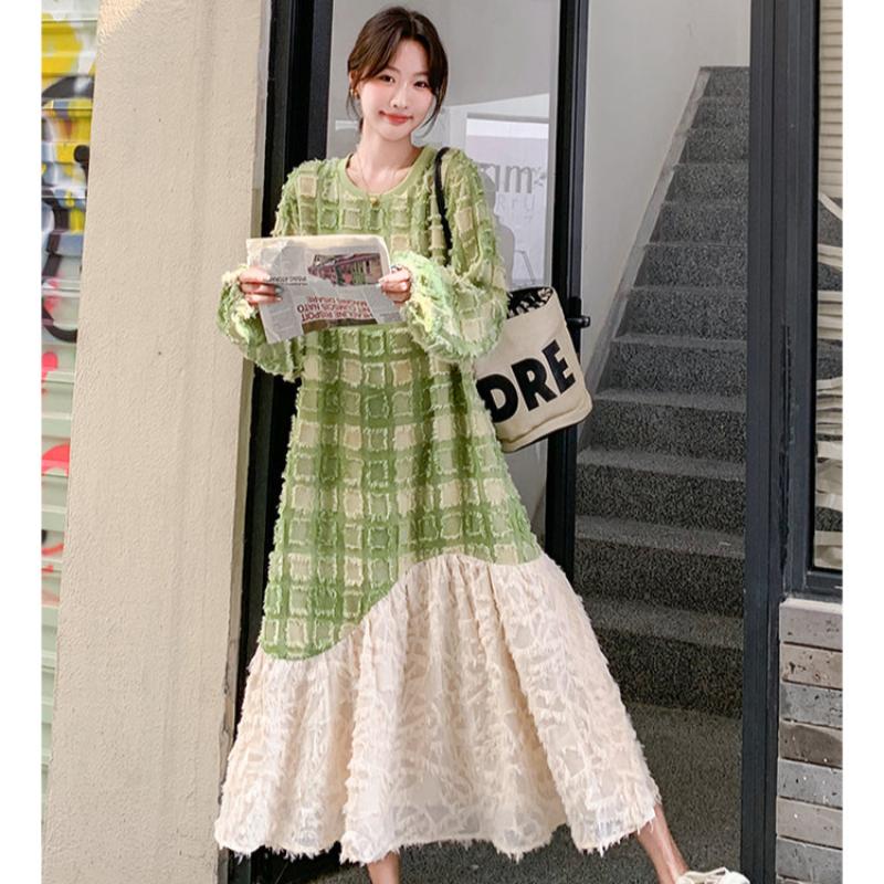 グリーンエンボスチェックワンピース(緑/白/チェック)春夏秋大人可愛い