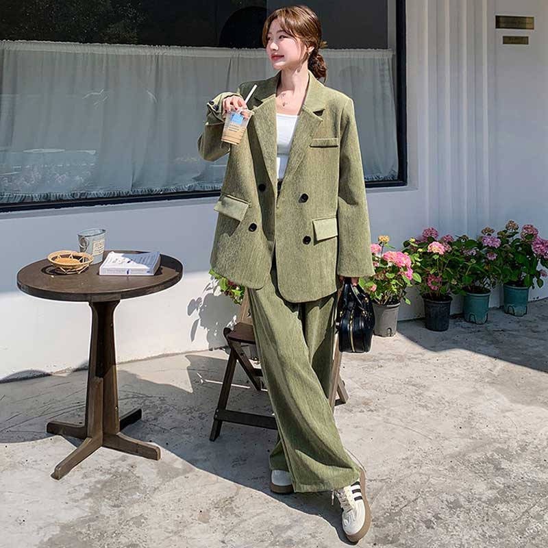 オーバーサイズグリーンセットアップ（緑）秋/冬 都会的なカジュアルスーツ