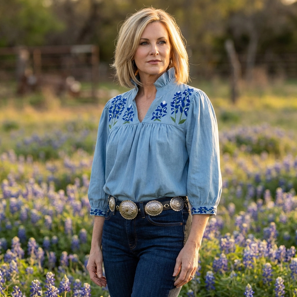 PRE-ORDER: Faded Denim Bluebonnet Tailgater Blouse (shipping early