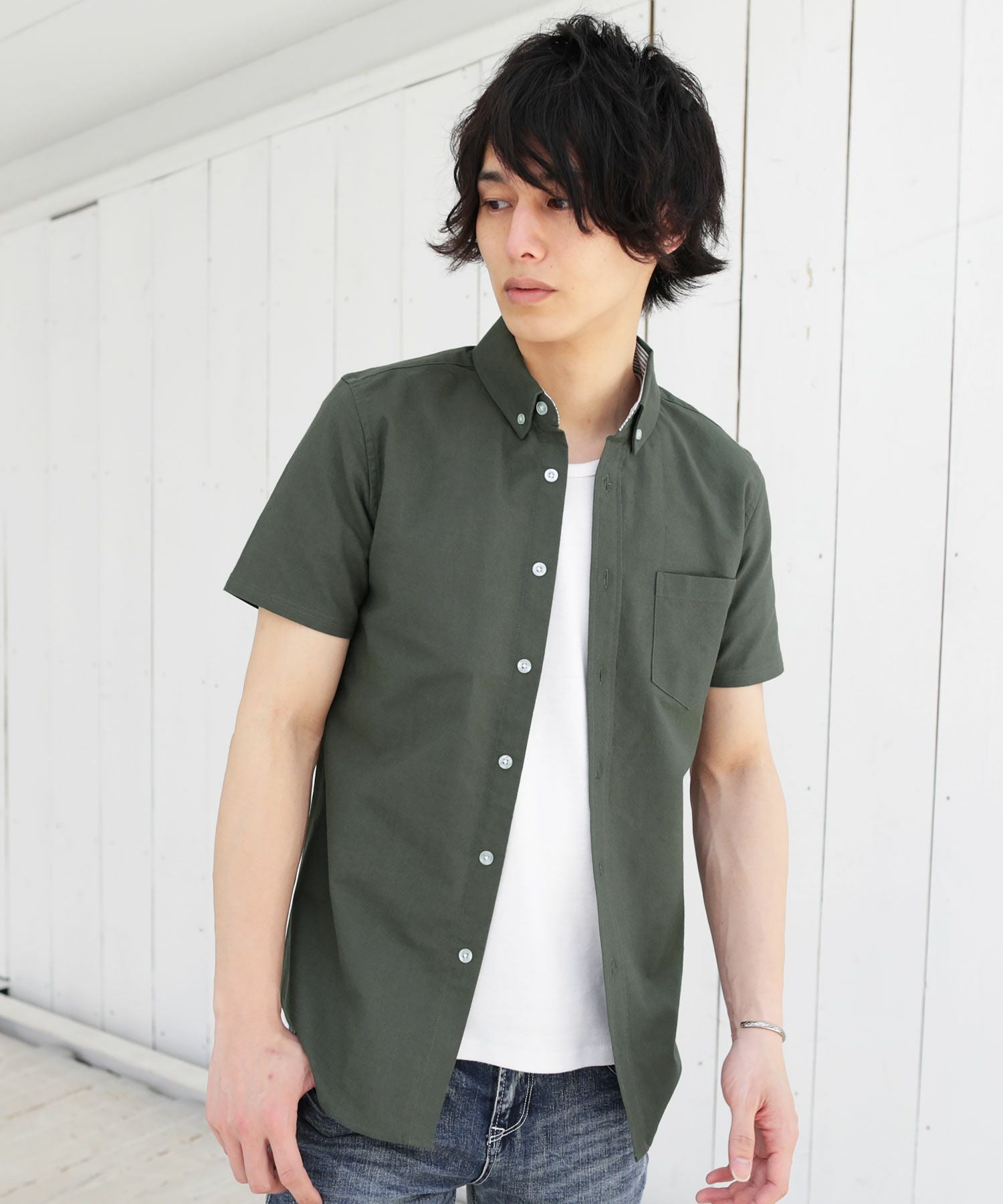 ボタンダウン先染めオックスフォードストレッチ半袖・7分袖シャツ