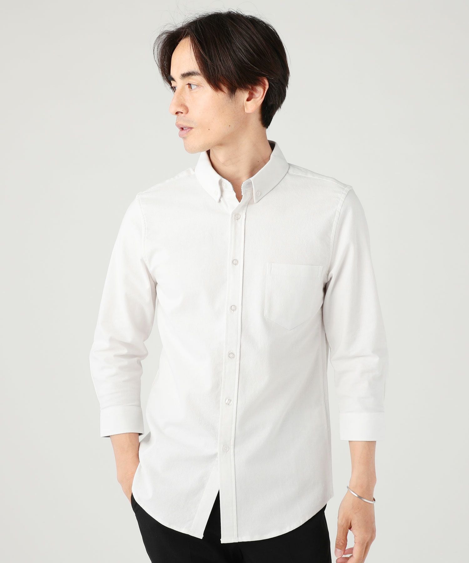 ボタンダウン先染めオックスフォードストレッチ半袖・7分袖シャツ