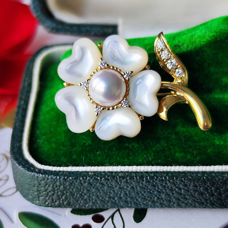 MIKIMOTO ミキモト シェル あこや真珠 ダイヤモンド ブローチ