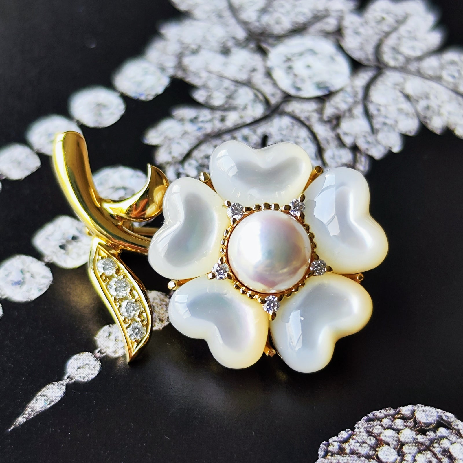 MIKIMOTO ミキモト シェル あこや真珠 ダイヤモンド ブローチ