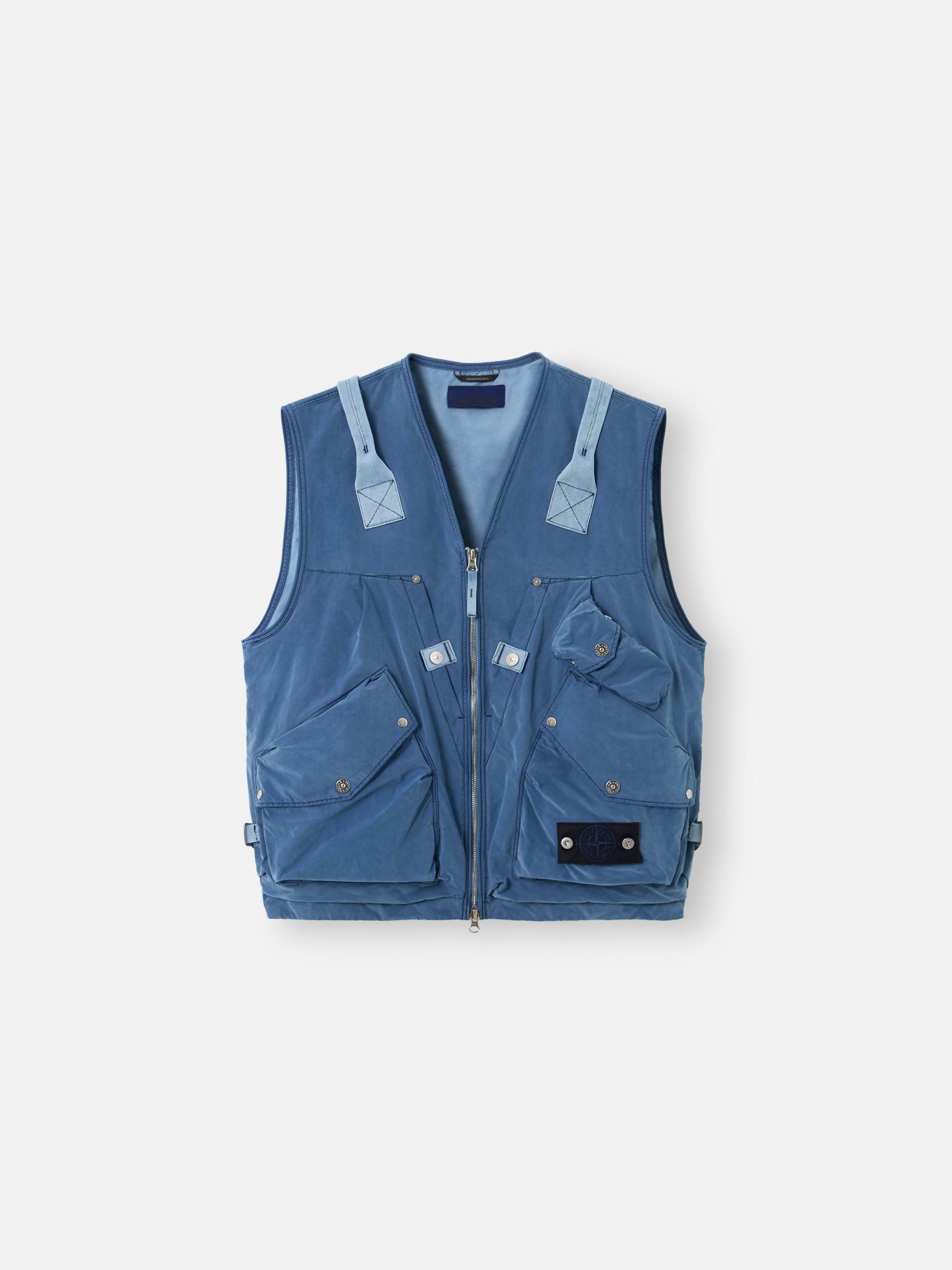 Indigo Utility vest with anti-drop and asymmetrical pockets