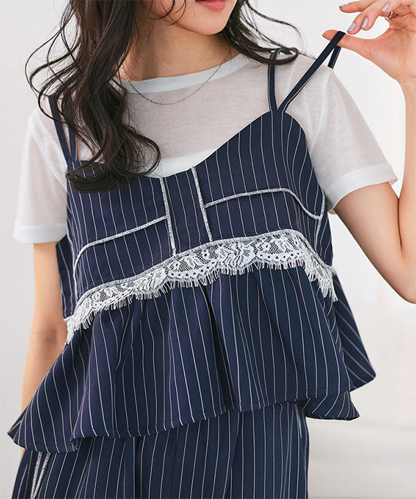 レース切替ストライプキャミビスチェ [C7778] - レディース