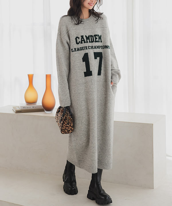 カレッジロゴもっちりニットワンピース [E3408] - レディース