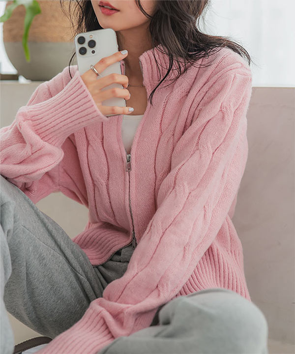 ダブルジップケーブルニットトップス [N1134] - レディース