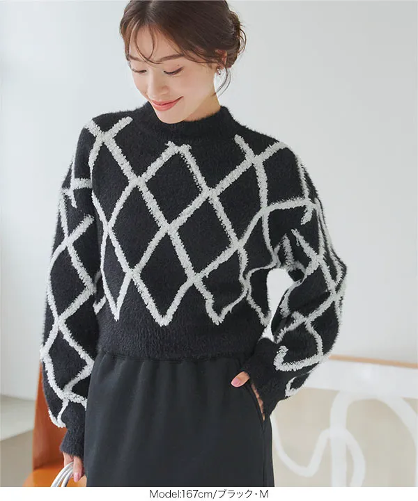 フェザー×パイルチェックニットトップス [N1113] - レディース