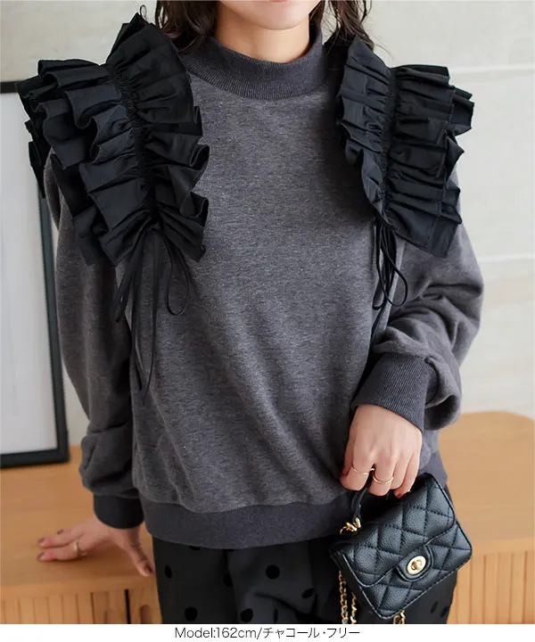 フリルギャザーデザインモックネックスウェットトップス [C7307