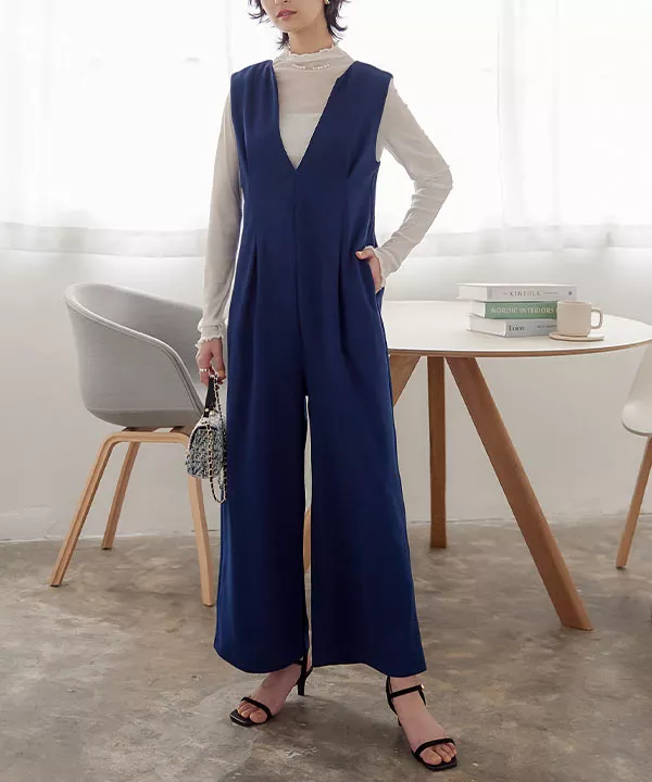 ディープキーネックウエストタックオールインワン [E3241