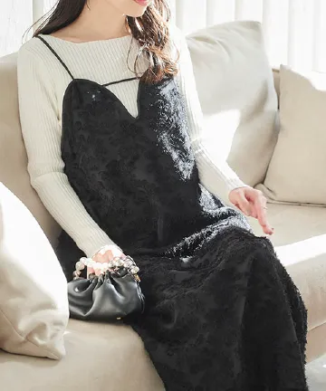 胸元カッティングフェザーキャミワンピース [E3364] - レディース