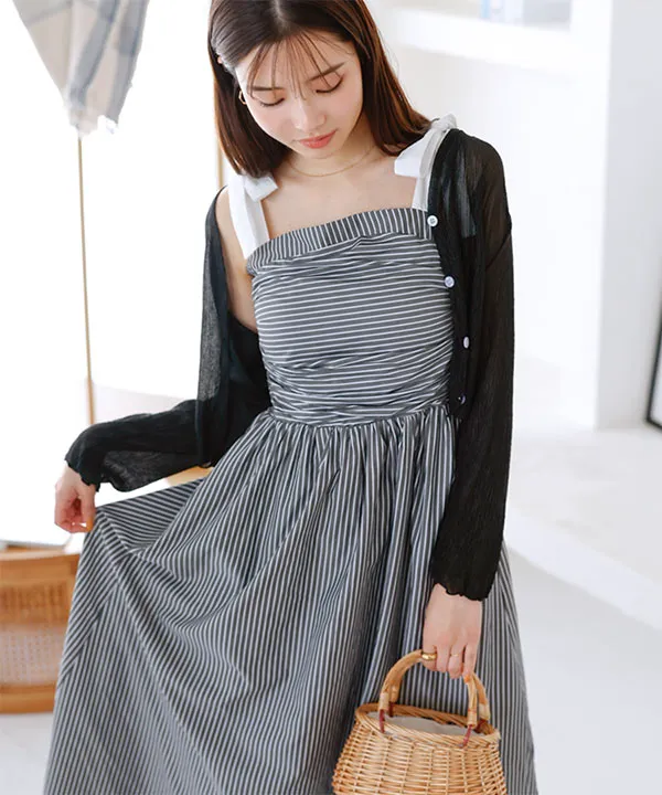 ショルダーリボンストライプワンピース [E3411] - レディース