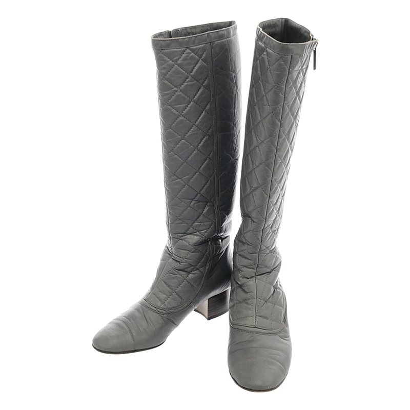 レザー キルティング サイドジップ ロングブーツ ミニポーチ付き