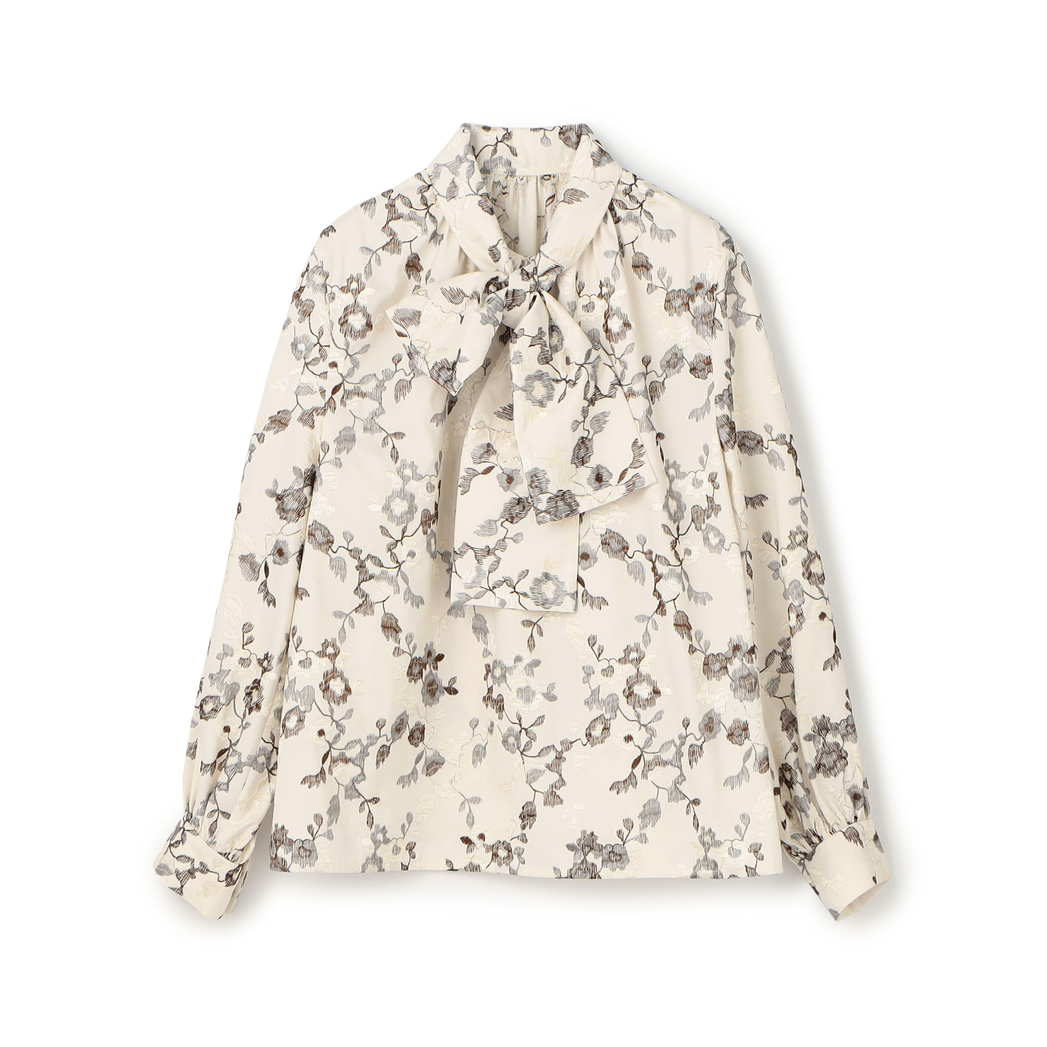 タフタフラワーエンブロイダリー ボリュームボウタイブラウス