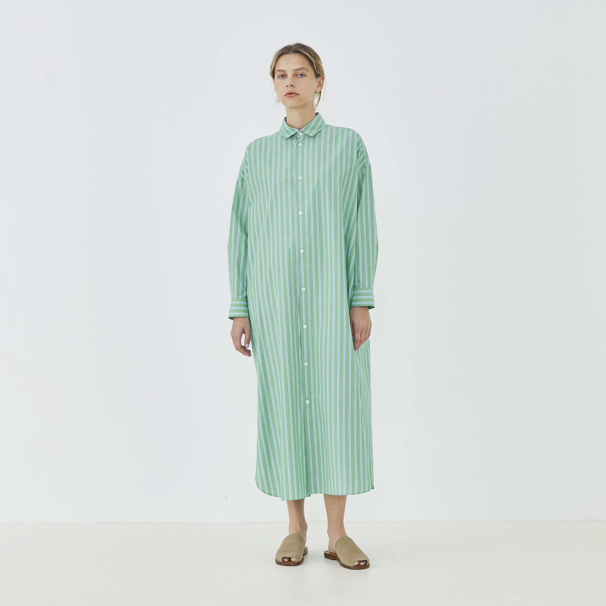 WEB先行予約】ストライプブロード ロングシャツワンピース