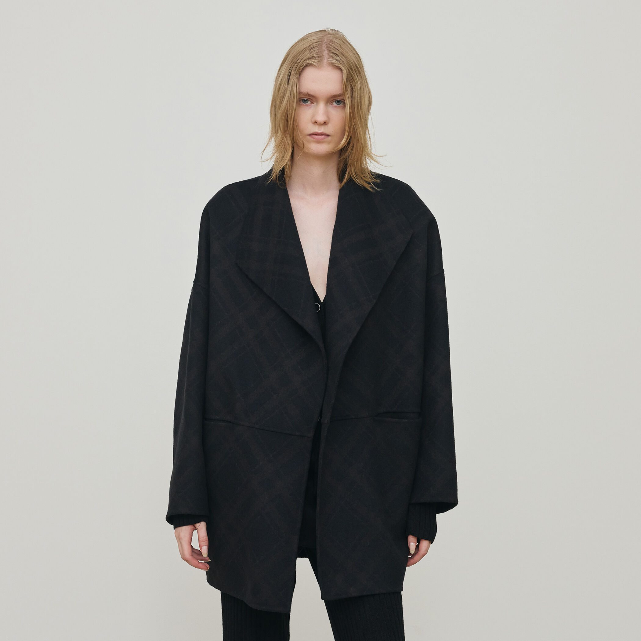 ダブルフェイスチェックジャガード ウィングカラーコート