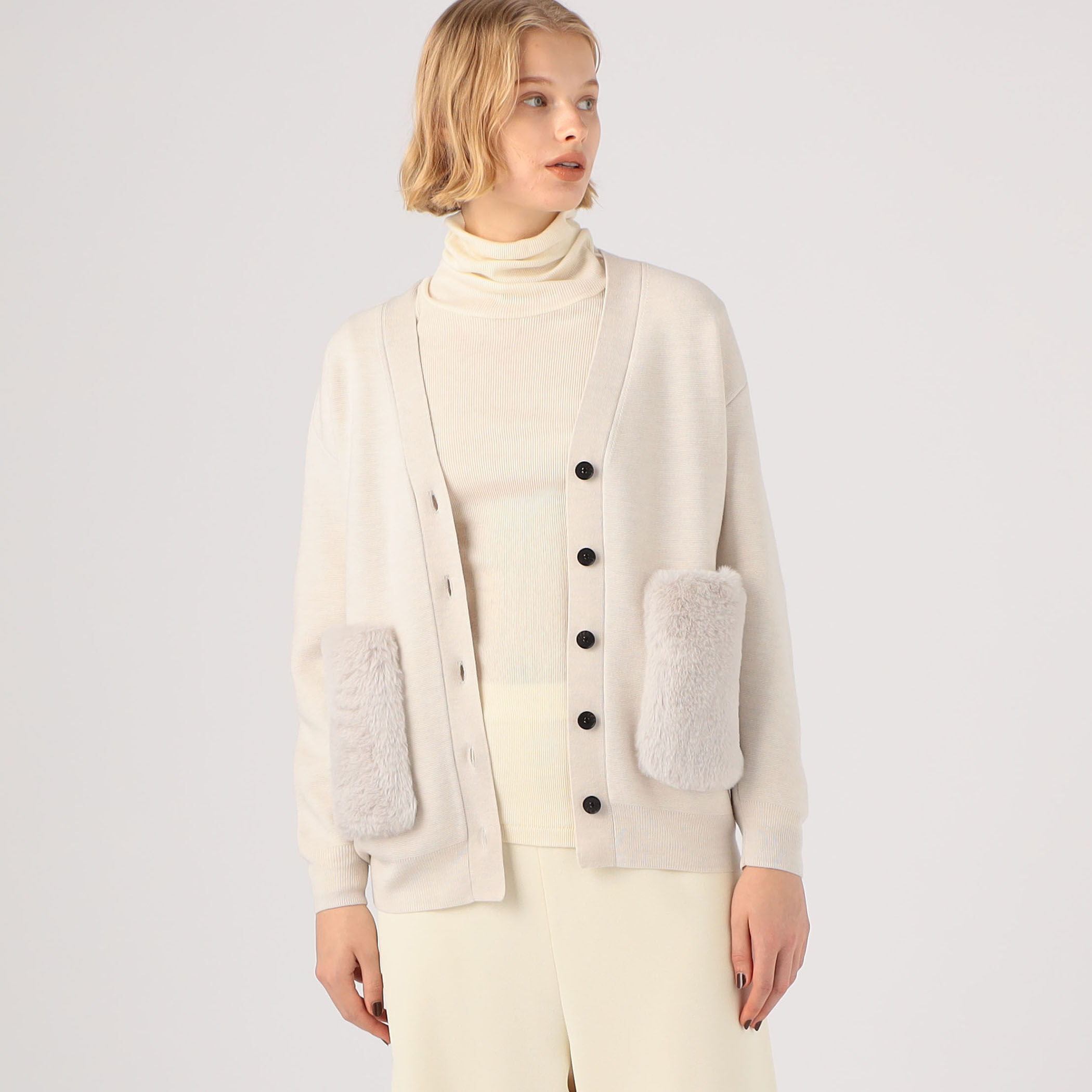 ウールポリエステルミラノリブ ファーポケットカーディガン