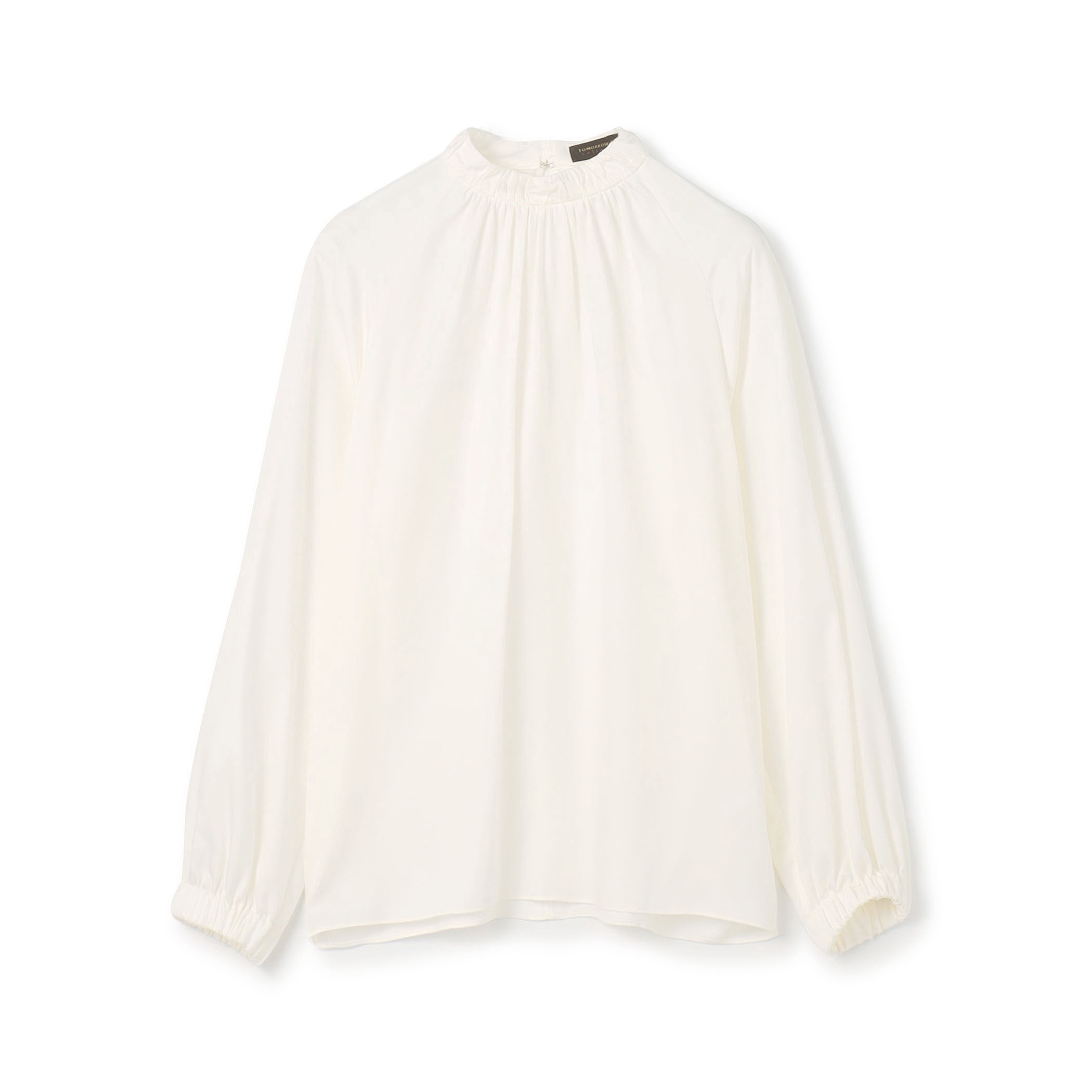 ウォッシャブルサテン スタンドギャザーカラーブラウス