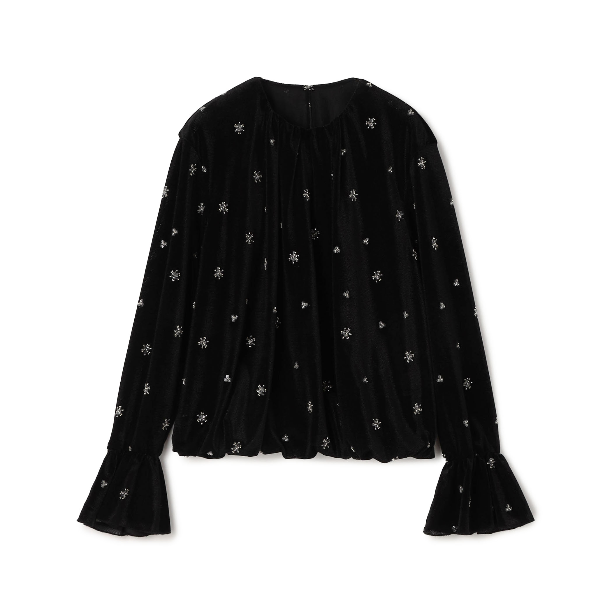 メッシュベロアエンブロイダリー ラッフルカフスブラウス