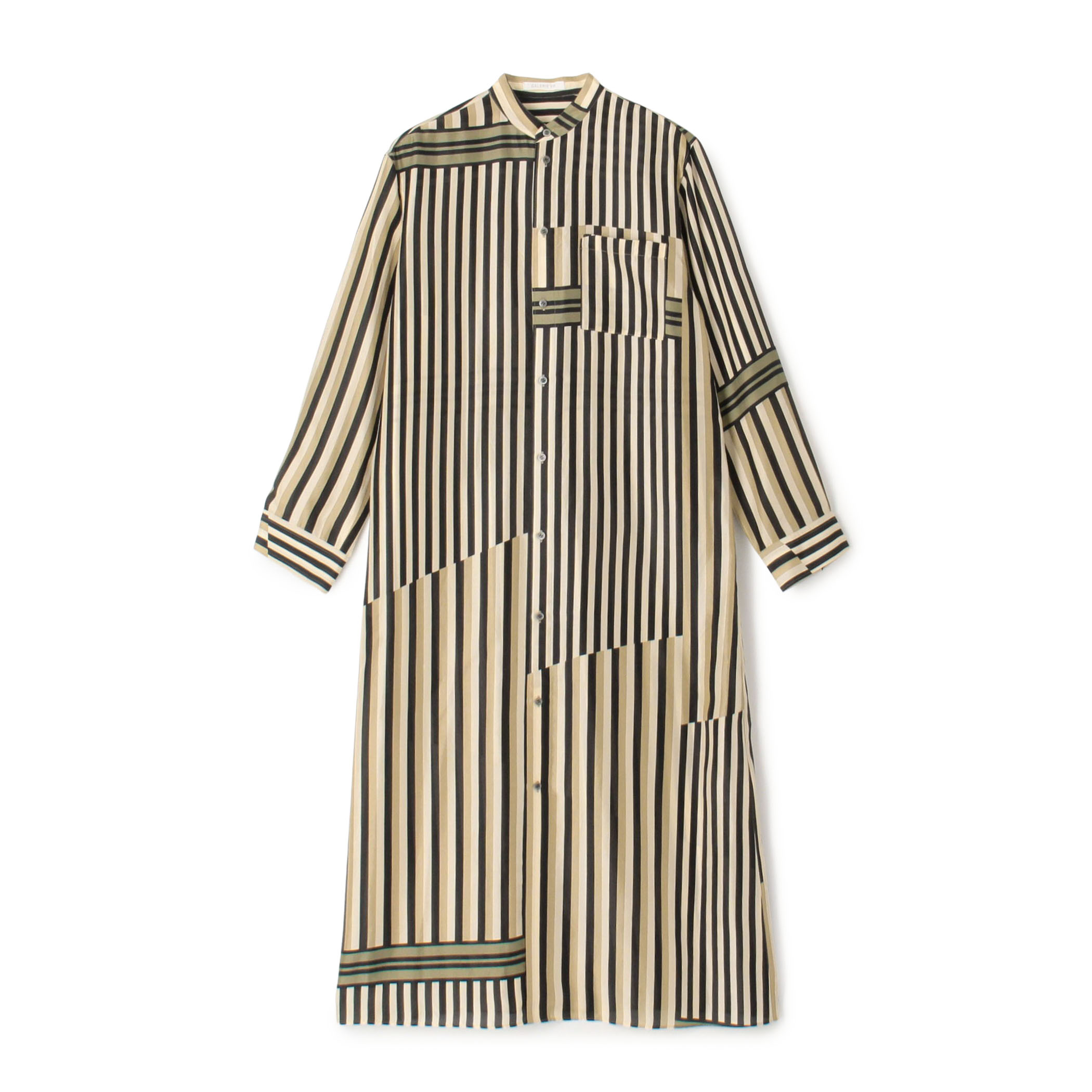 シルクハブタエストライププリント バンドカラーシャツワンピース