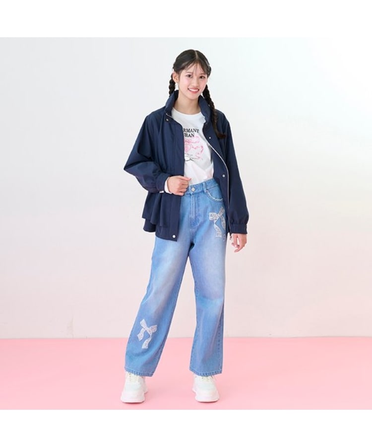 ニコ☆プチ掲載】レースアップリケ美脚ルーズストレートデニムパンツ