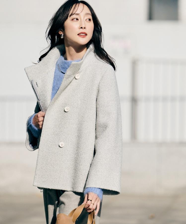 エレガント／ミディアウター】ミックスヘリンボンコート（スタンド