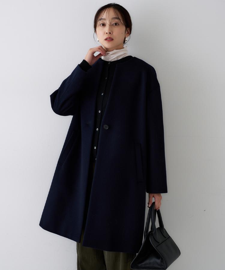 希少 ドゥーズィエムクラス ロング ノーカラー コート 紺 ウール