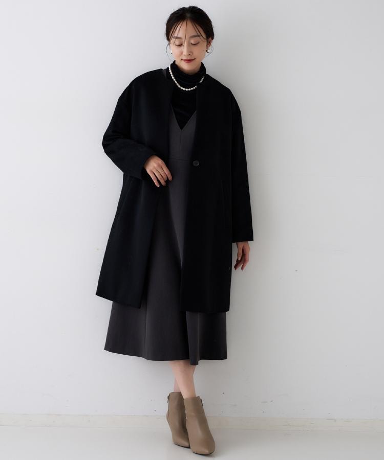 ゆったり/軽やか】カシミヤ混ノーカラーコート（ノーカラーコート
