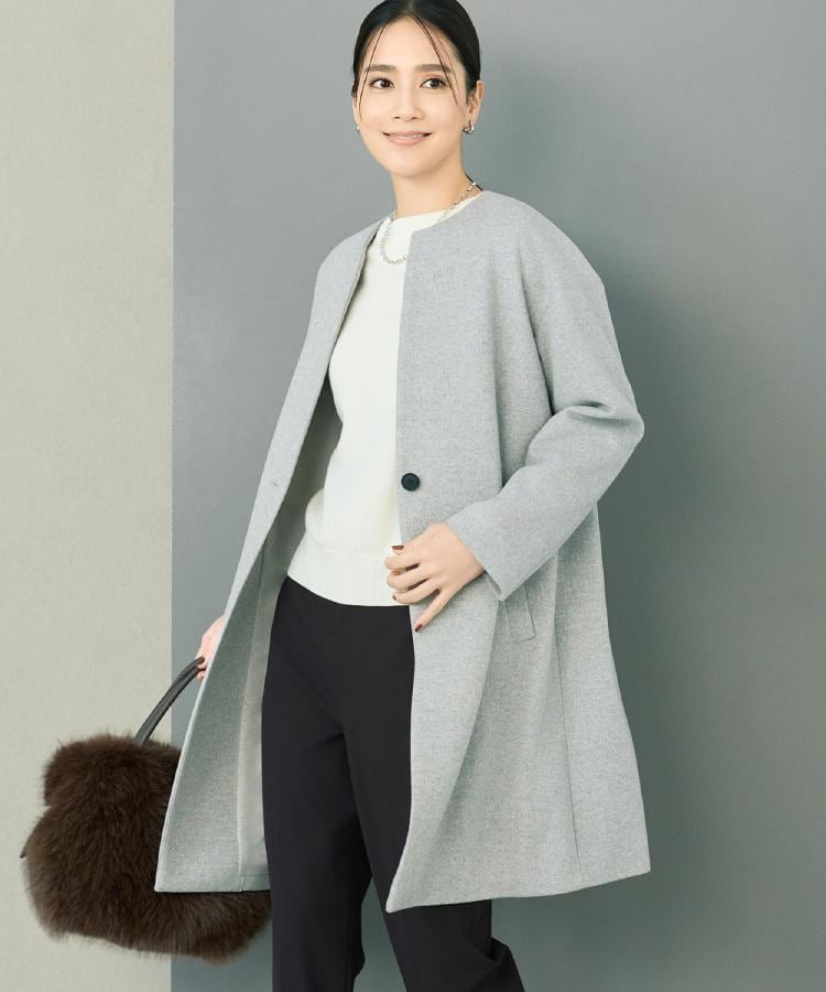 ゆったり/軽やか】カシミヤ混ノーカラーコート（ノーカラーコート