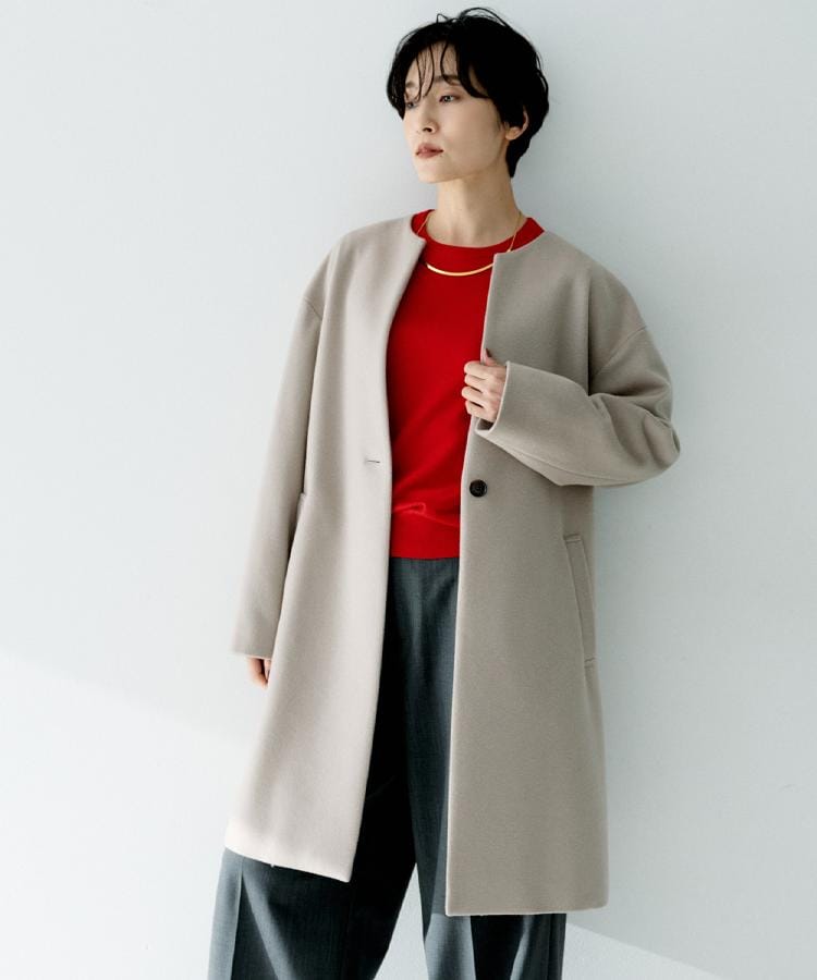 ゆったり/軽やか】カシミヤ混ノーカラーコート（ノーカラーコート