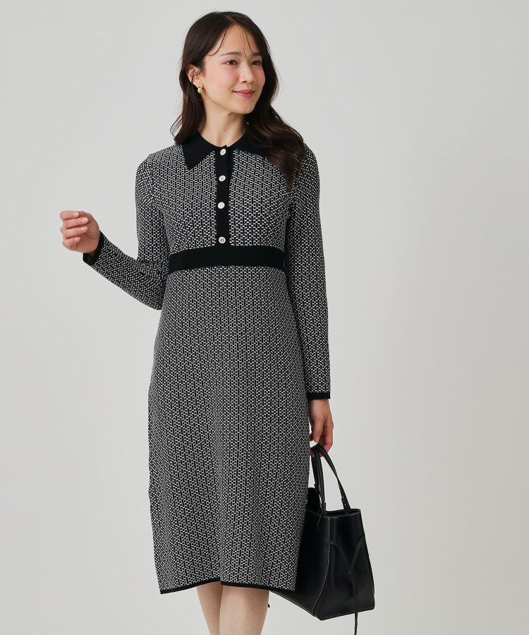 手洗い可】衿付きニットジャカード編みワンピース（ミドルワンピース