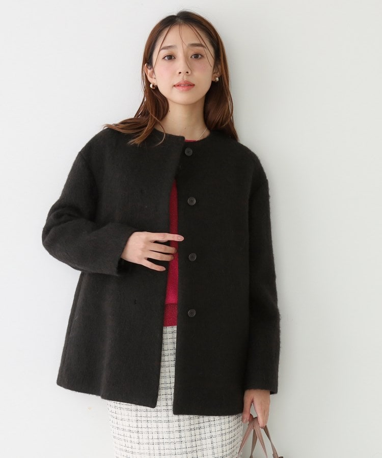 日本製／モヘヤ混／ヒップ丈】ノーカラーコート（ノーカラーコート