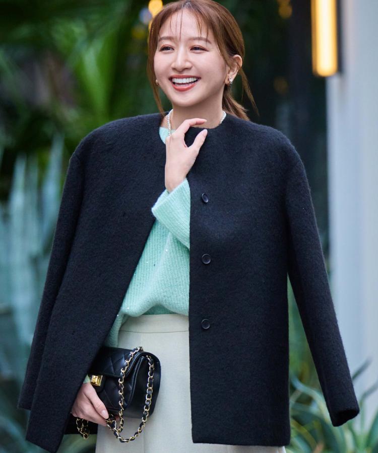 日本製／モヘヤ混／ヒップ丈】ノーカラーコート（ノーカラーコート