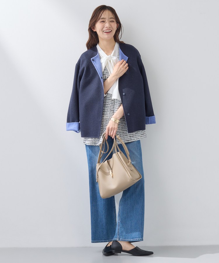 配色デザイン／ショート丈】ウールリバー ノーカラーコート（ノー