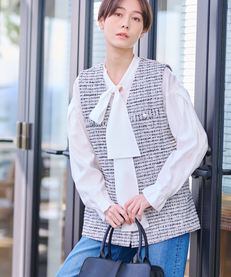 2点セット／UVケア】ツイードジレ＆ボウタイブラウス カセット服