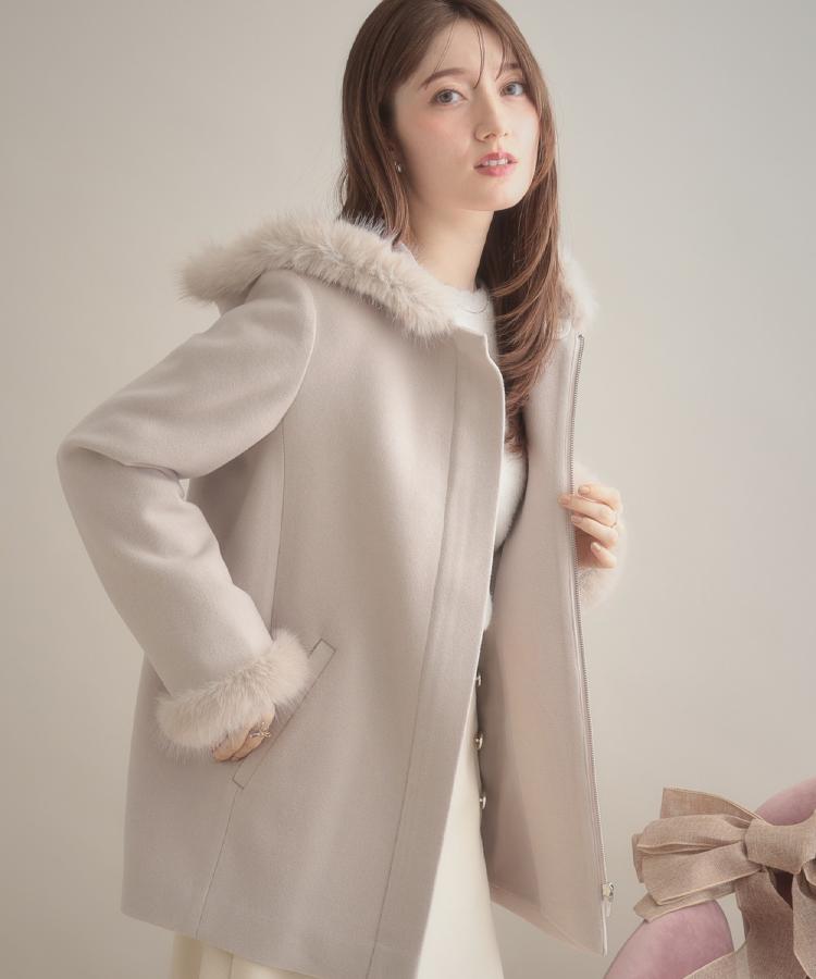 大人可愛い・フード取り外し可能】フードフェイクファー ハーフ丈