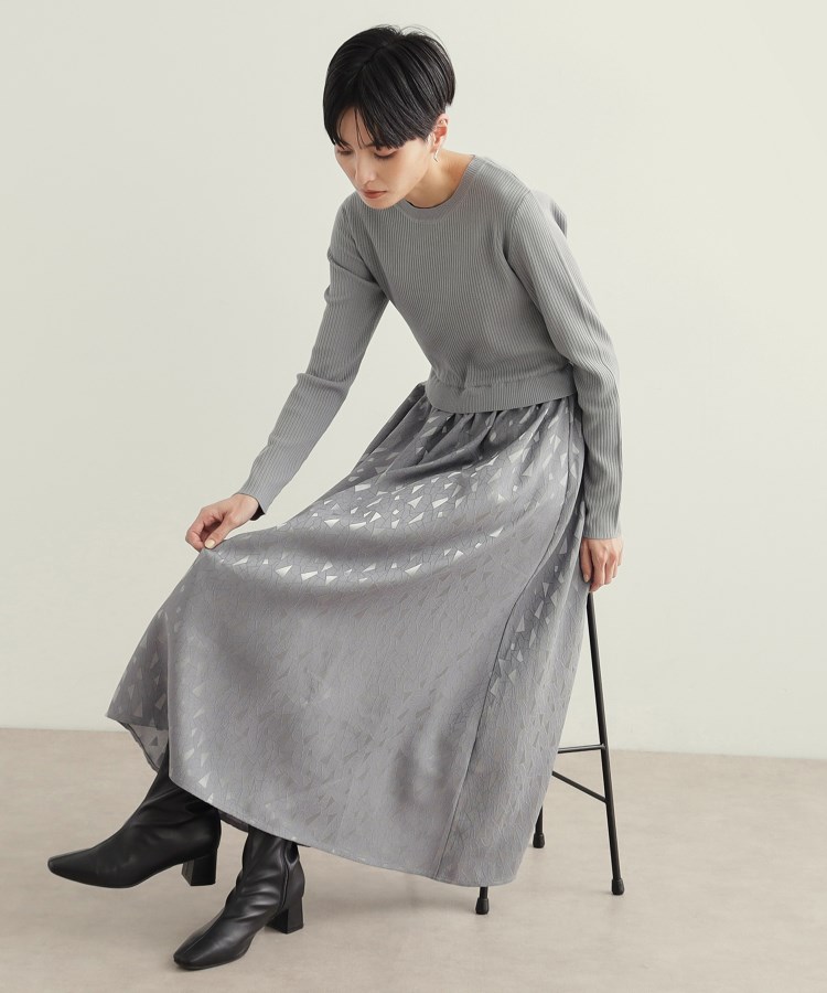 美人百花掲載》ニット×ジャカードドッキングワンピース【洗濯機洗い可