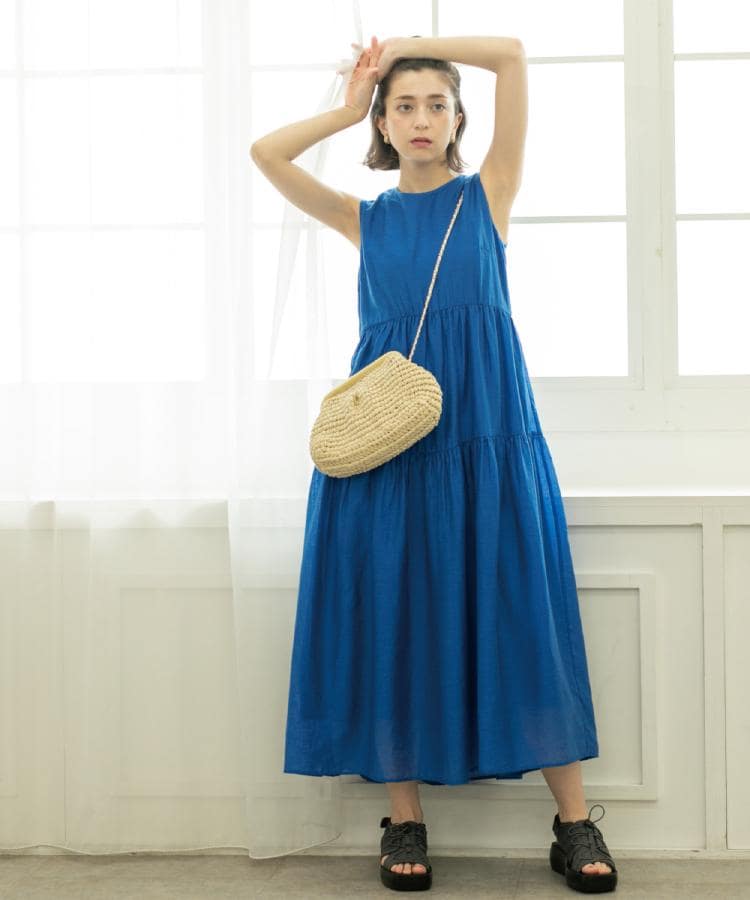 麻混シアーギャザーティアードワンピース【洗濯機洗い可】（マキシ