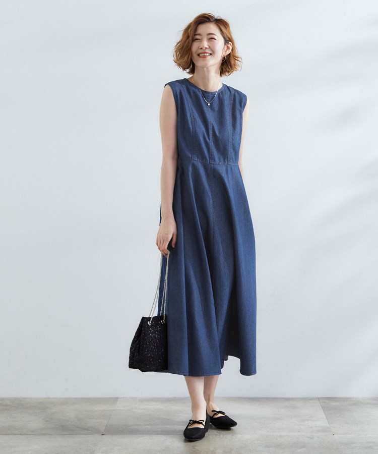 すっきり見え 軽やかデニムノースリーブワンピース（マキシ・ロング