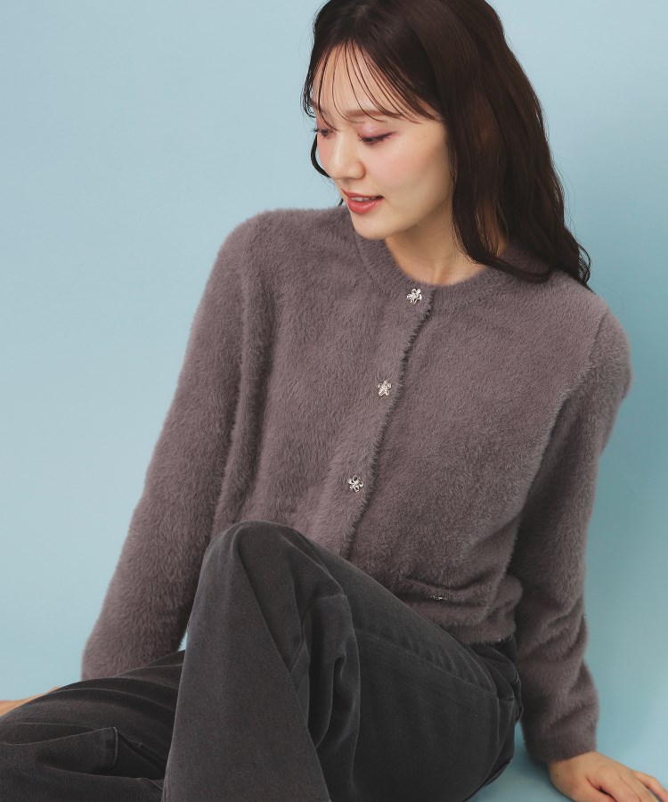 フェザーヤーンフラワーボタンカーディガン【洗濯機OK】（カーディガン