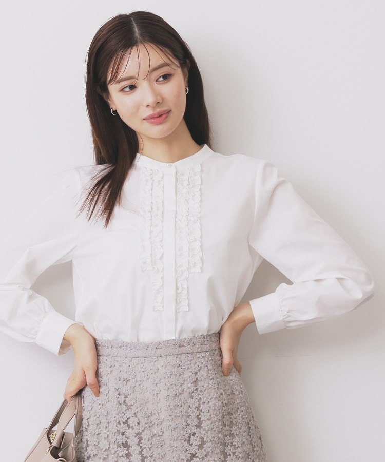 バンドカラーフリルブラウス【洗濯機OK/イージーアイロン/防シワ