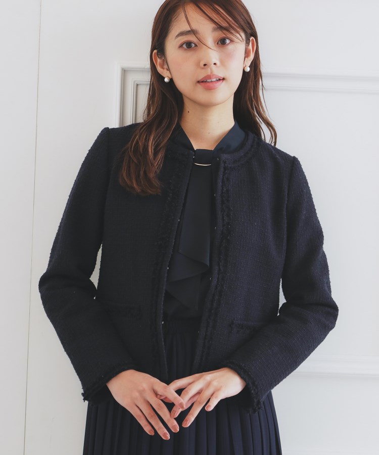 通勤・セレモニー/セットアップ対応＞ノーカラーツイードジャケット