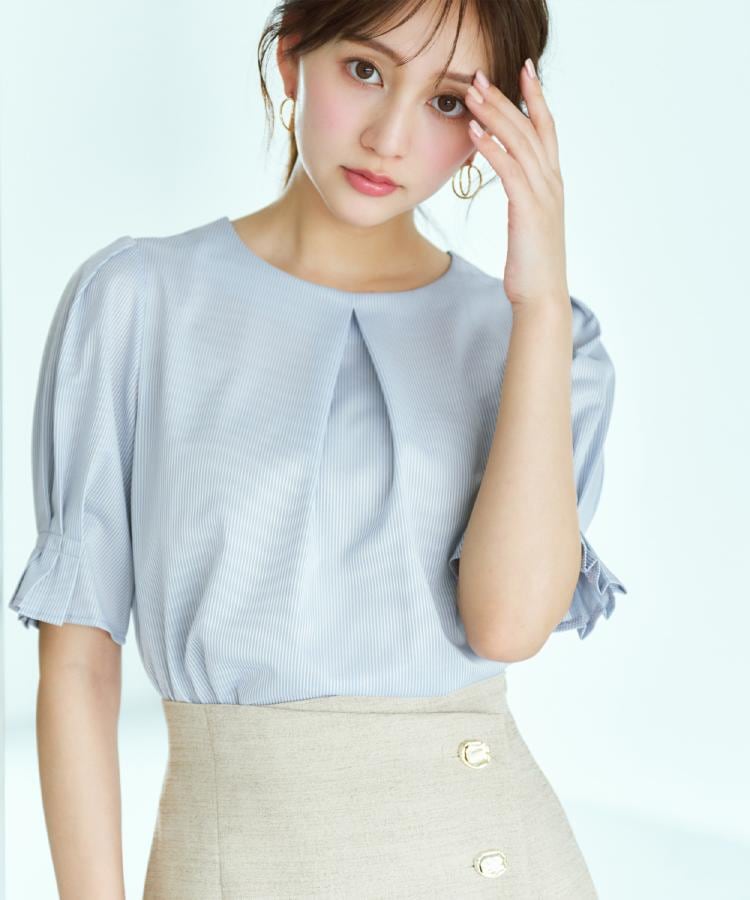 ストライプジャージタックスリーブトップス【吸水速乾/洗濯機洗い可